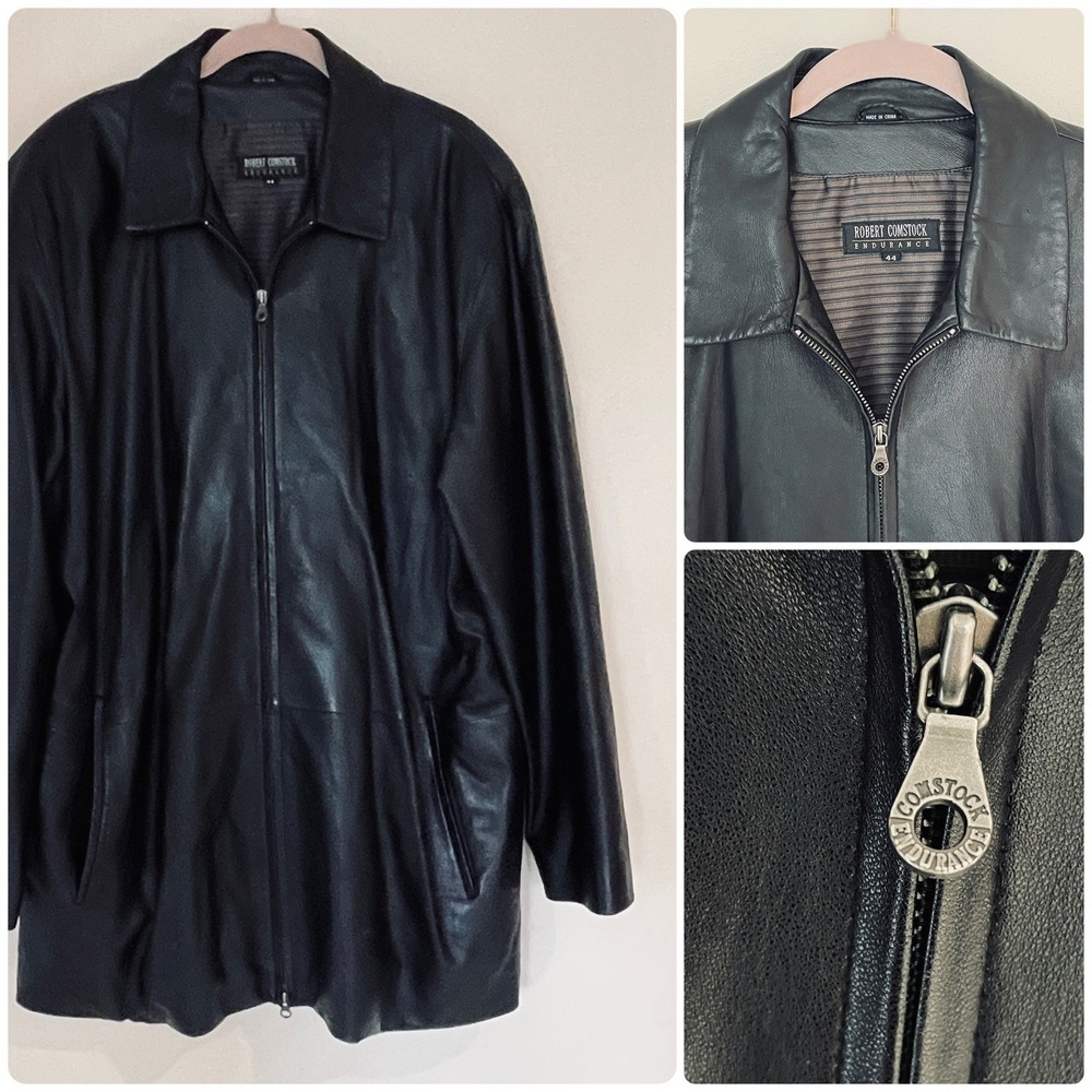 Black Mens Leather‎ Jacket Coat Robert Comstock 44 Soft Leather L Lambskin